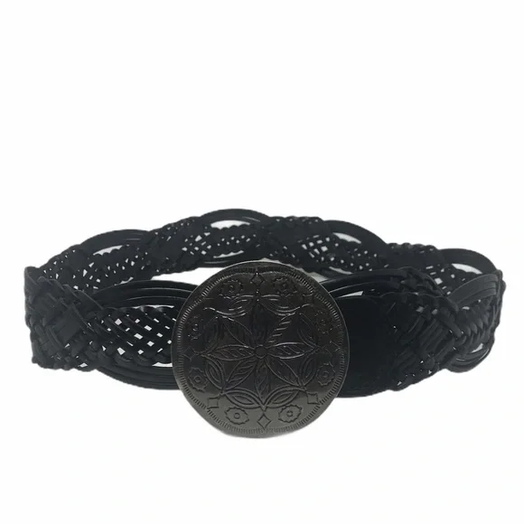 New York & Co Braided Brown Leather Belt Silver Medallion Buckle - Picture 11 of 14